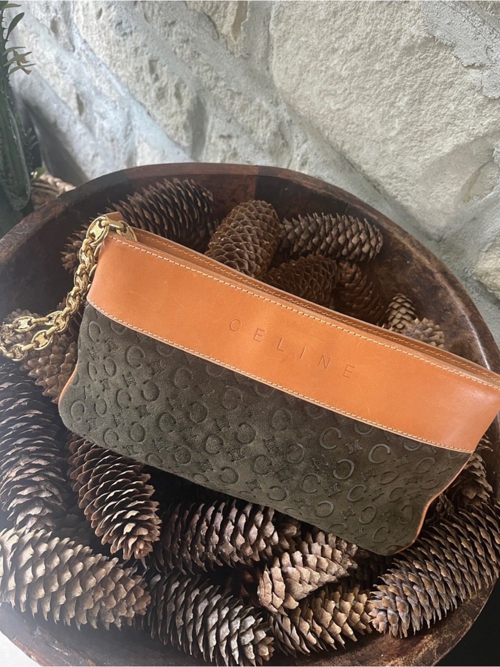 CELINE Authentic Macadam Vintage Suede Leather Clutch with Gold Chain
